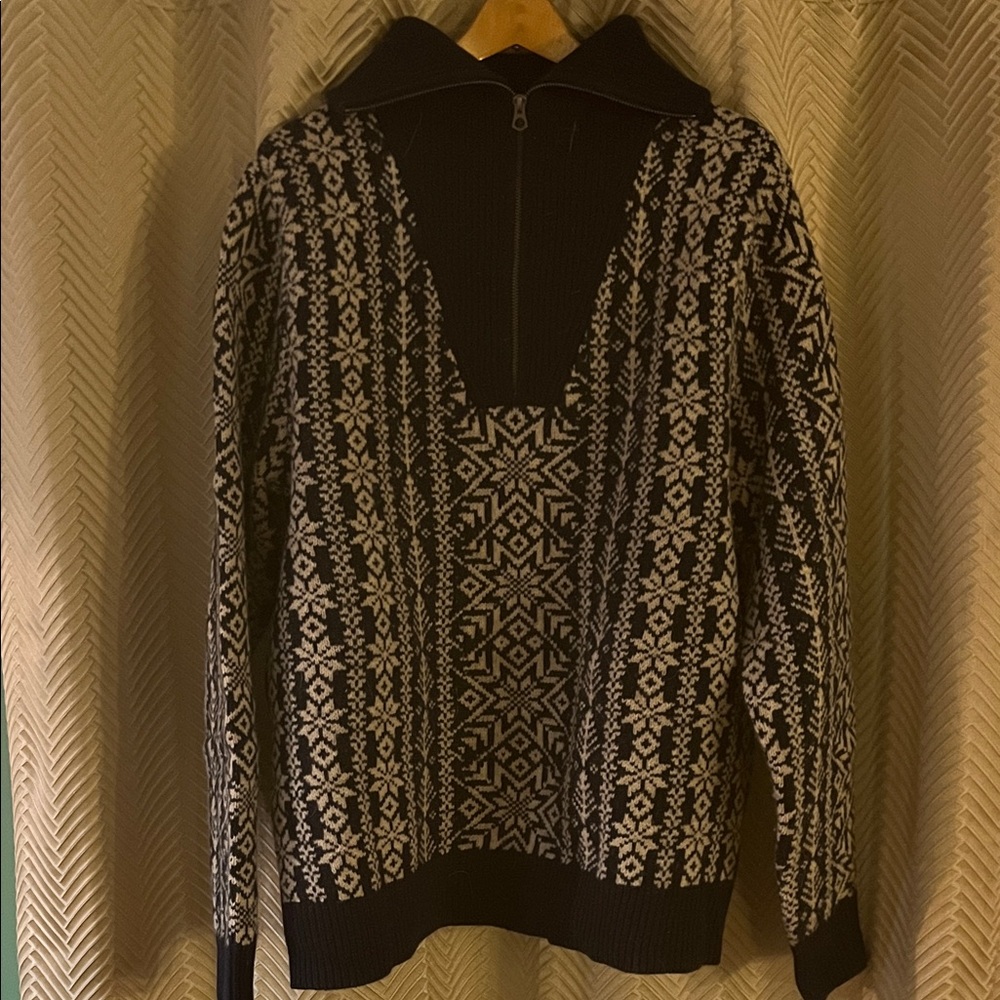 J. Crew Navy and White Lambswool Fair Isle Sweater.